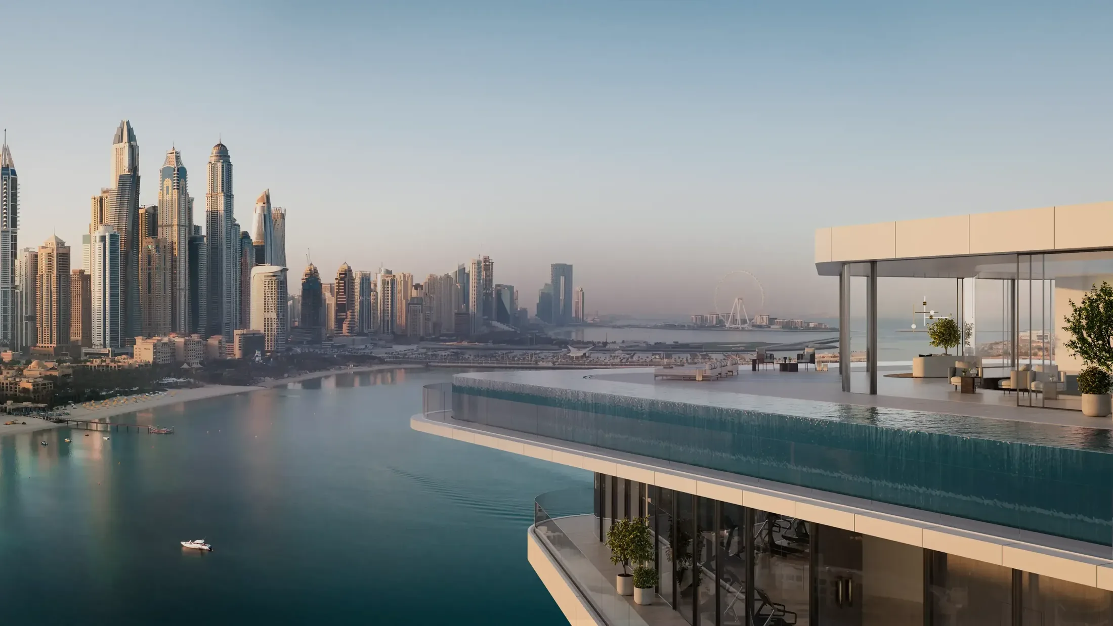 A private terrace with an infinity-edge pool overlooking a city skyline